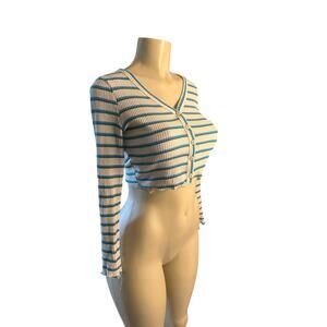Women XS UO Urban Outfitters Cropped Button Beige Stripe Ribbed Top Cardigan